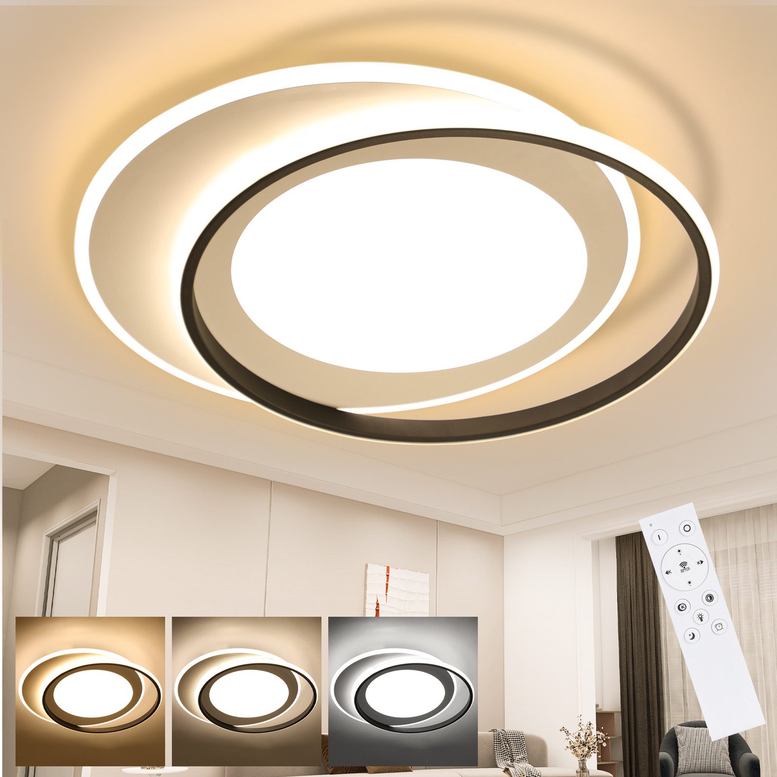ZMH Nowoczesna lampa sufitowa LED z podwójnym pierścieniem i akrylową taśmą świetlną sterowaną pilotem