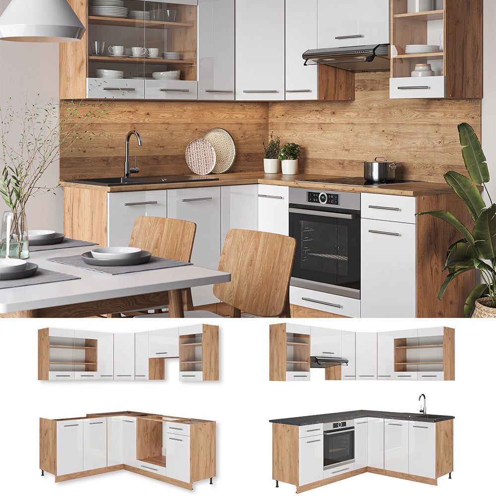 Vicco Cuisine en angle Fame-Line, Blanc brillant/Chêne doré, 190x46cm sans PT - 5