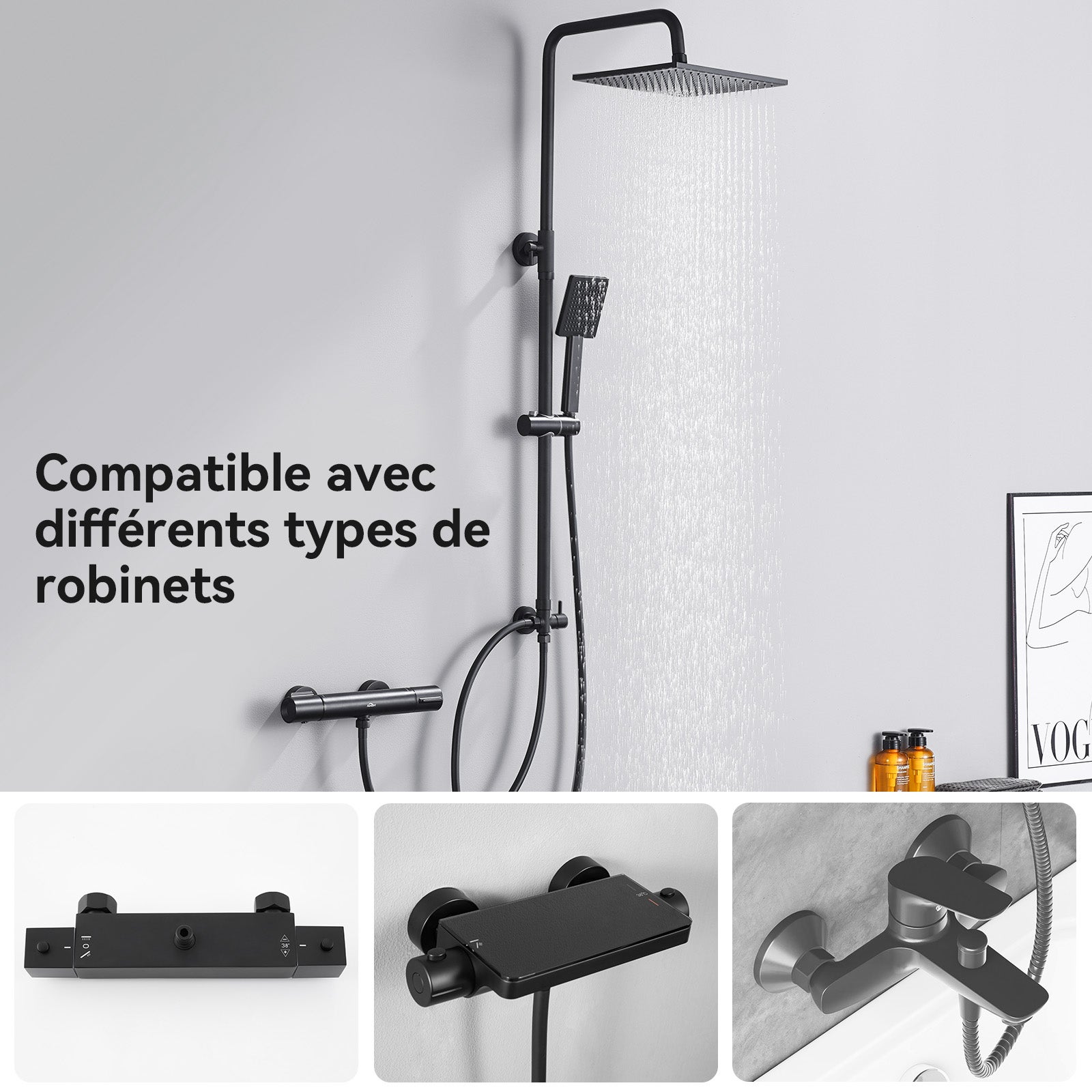 Egretshower Pommeau de douche à main et douche à effet pluie pour un accès facile, barre coulissante en acier inoxydable sans perçage de 69,8 cm, douchette et pommeau de douche à 5