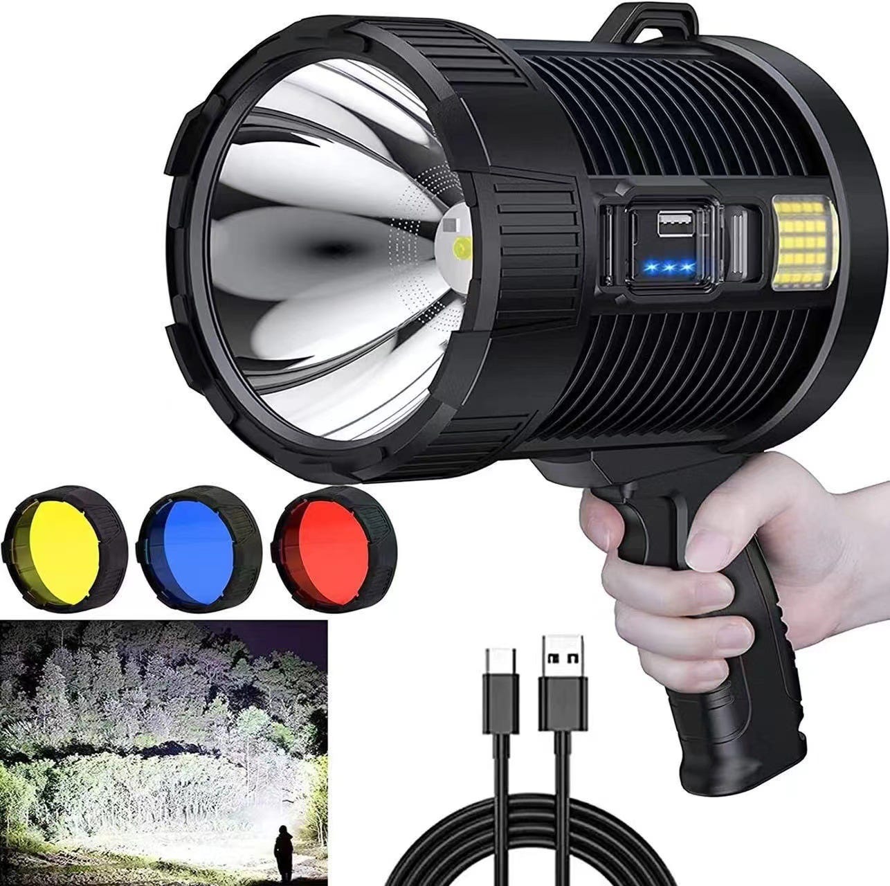 Projecteur super lumineux 15W, 1500mAh, laser 5050 COB LED, zoomable, étanche, lampe de poche tactique de camping, longue portée Projecteur super lumineux 15W, 1500mAh, laser 5050 COB LED, zoomable, étanche, lampe de poche tactique de camping, longue portée