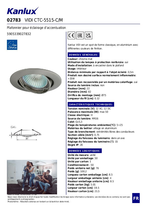 Spot Plafonnier Encastrable - Aluminium Chrome Mat - Ø82mm - Réglable 15° - 8