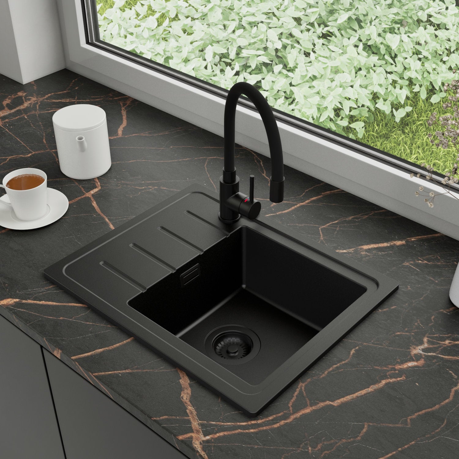 Zlewozmywak Granitowy 55x44cm, do szafki od 45cm + Bateria + Syfon - Ametyst Cały Czarny STONESTYLE