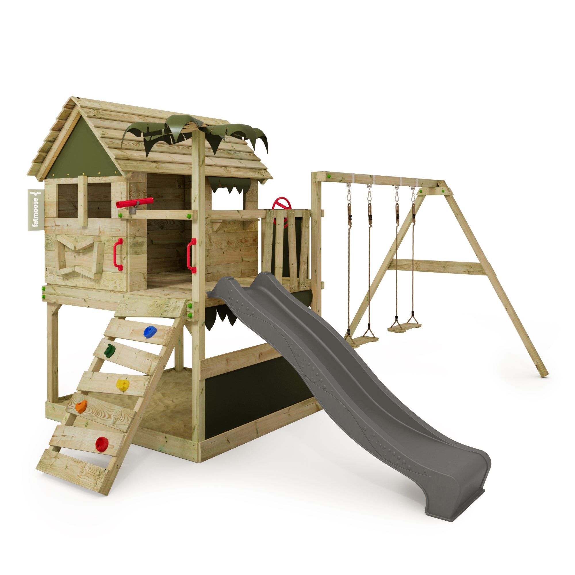 8 en 1 Aire de Jeu en Bois avec Toboggan Réversible Ensemble de Jeu d' Escalade Protique avec Balançoire Rocher d'Escalade Charge 240KG Coloré/Naturel