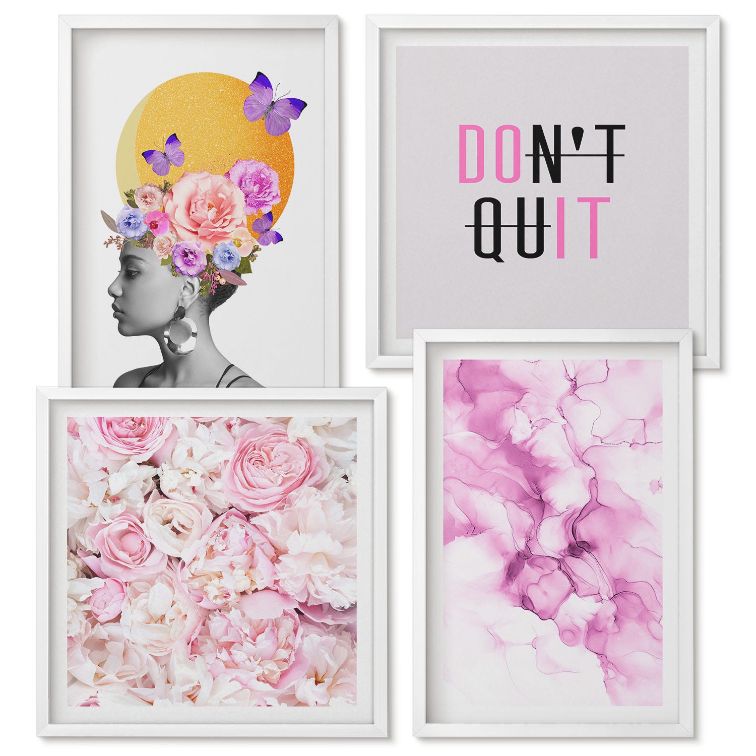 Ensemble de 4 tableaux encadrés | Inscription inspirante, fleurs ...