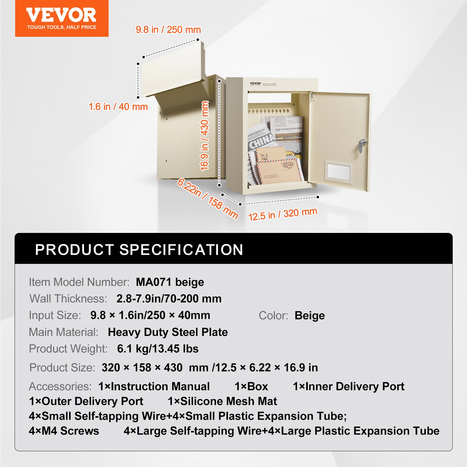 Boîte aux Lettres Encastrable Murale,VEVOR 320x158x430mm,Boîte Dépôt Courrier Travers Mur,70 à 200 mm,en Acier Robuste,Verrou à Code Combinaison,Beige - 7