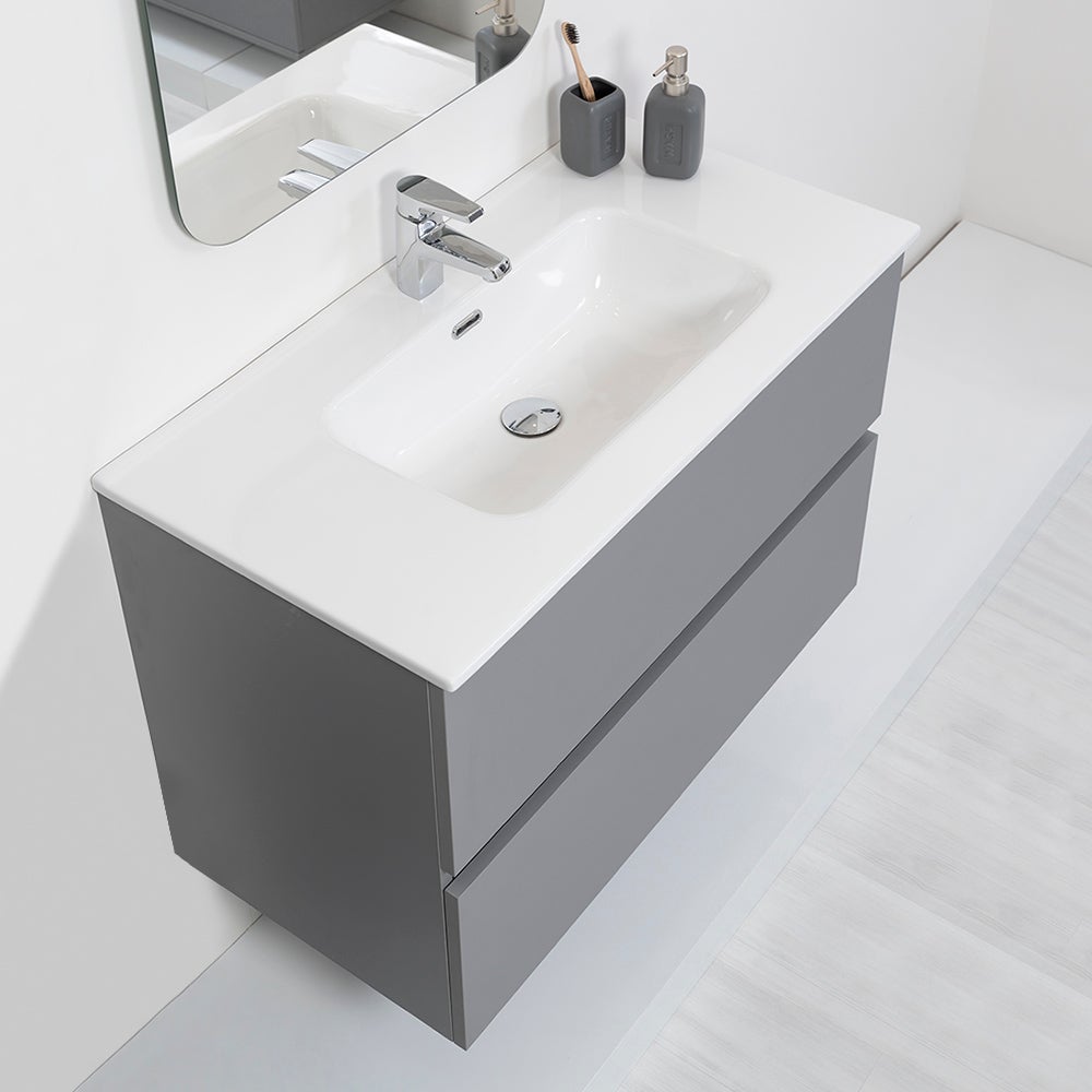 90x47 Meuble de salle de bain moderne suspendu gris pastel avec miroir - 3