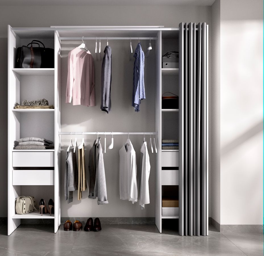 Dressing extensible avec rideau + 4 tiroirs - Decor Blanc - L 180-113 x P 50 x H 205 cm - SUIT - 3