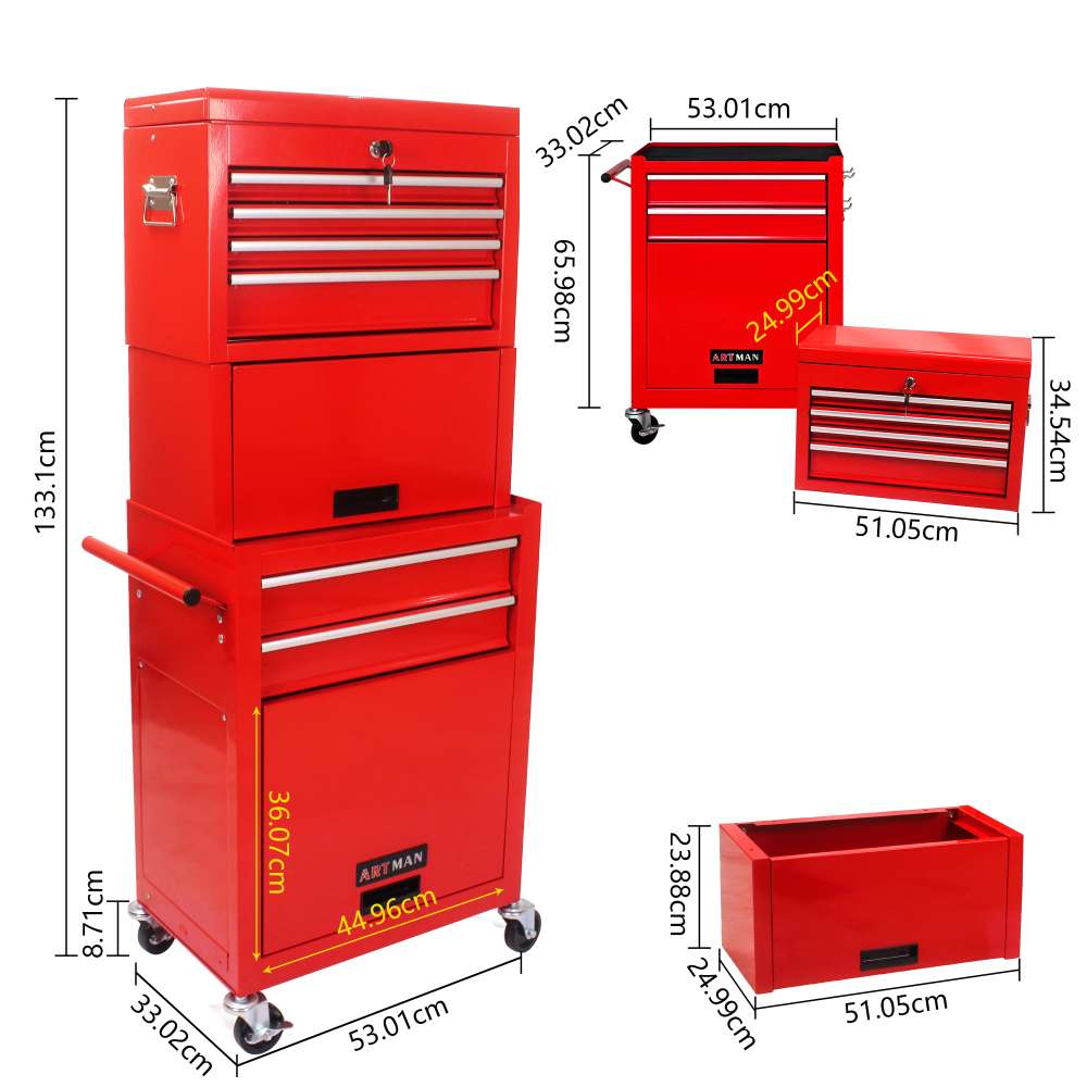 Carrello porta attrezzi mobile 6 cassetti, deposito sicuro in metallo robusto, ruote bloccabili per officina e garage - 4