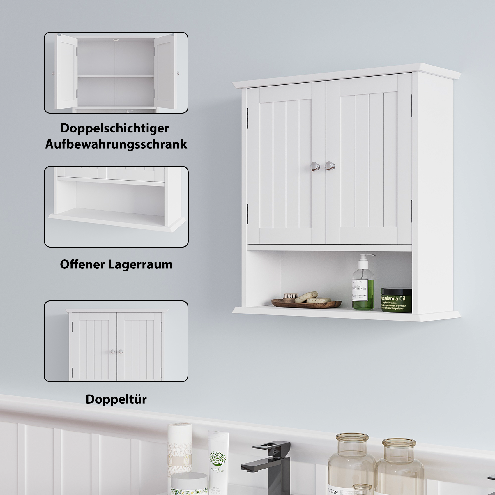 Armoire de salle de bain murale blanche, armoire à pharmacie avec portes doubles et étagères réglables, armoire murale de salle de bain au-dessus de l - 7