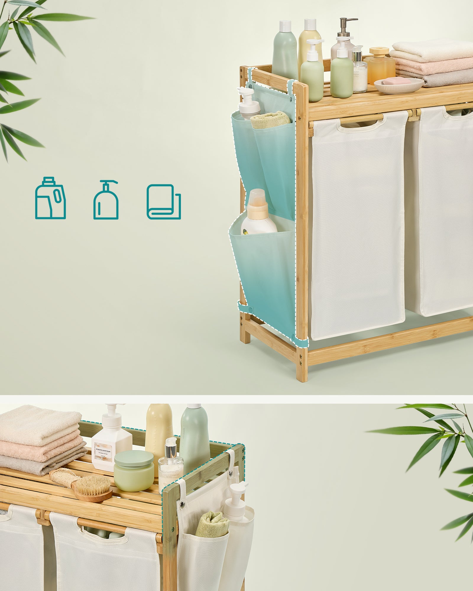Panier à Linge, avec 2 Compartiments, en Bambou, Capacité de 100 Litres, avec Étagère, Poches Latérales, 2 x 50 L, 63 x 33 x 78 cm, Blanc Crème - 4