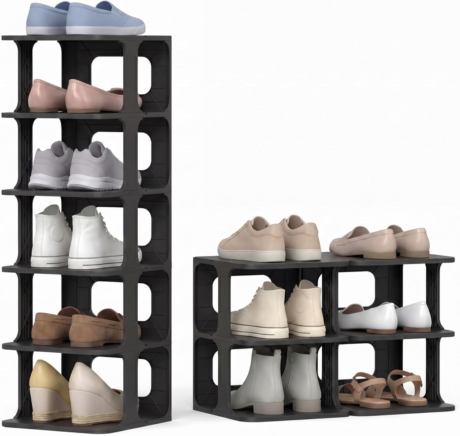 Set de 6 cutii de pantofi stivuibile, suport modular pentru depozitarea pantofilor, design vertical compact, asamblare rapidă fără unelte (negru) 6buc