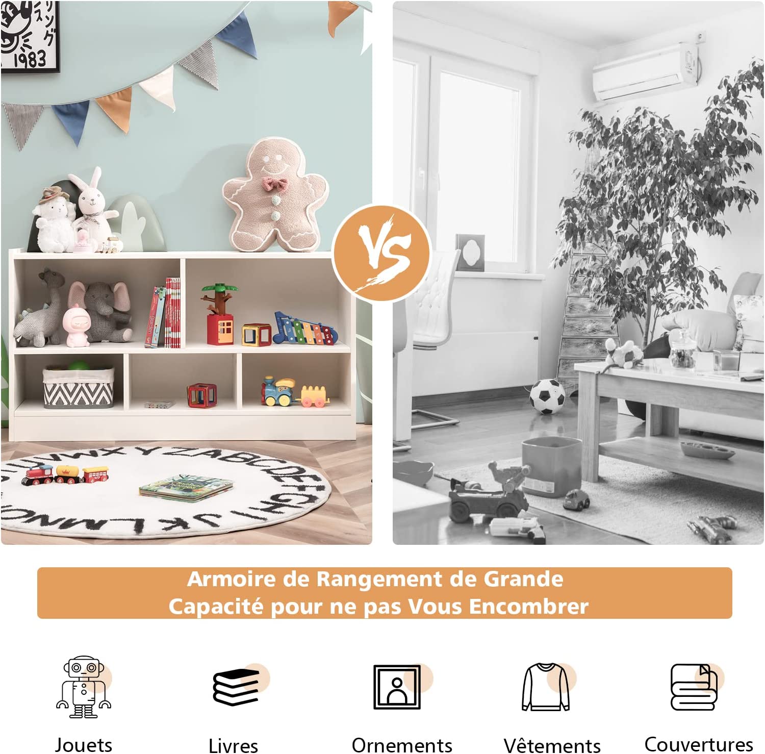 Bibliothèque avec 5 Compartiments, Meuble de Rangement pour Jouets & Livres avec Patins Antidérapants, pour Salon, Chambre, 111x30x61,5cm, Blanc - 3
