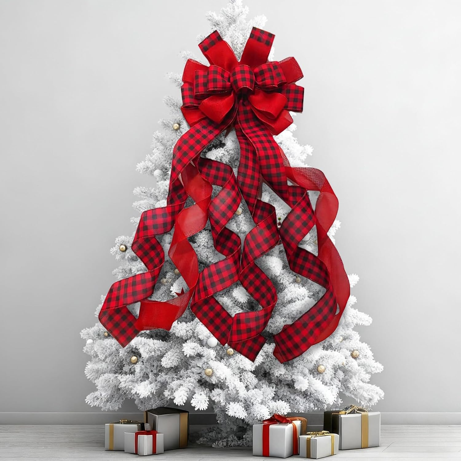 Fiocco di Natale rosso da 113 cm, fiocco regalo grande, fiocco per albero di Natale, fiocco di Natale grande a scacchi rossi e neri per alberi di Nata - 5