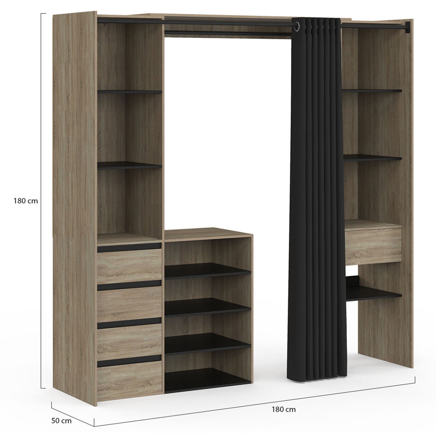 Dressing extensible double XXL MERYL 120/180 cm hêtre avec tiroirs + étagères + penderie + rideau noir - 4