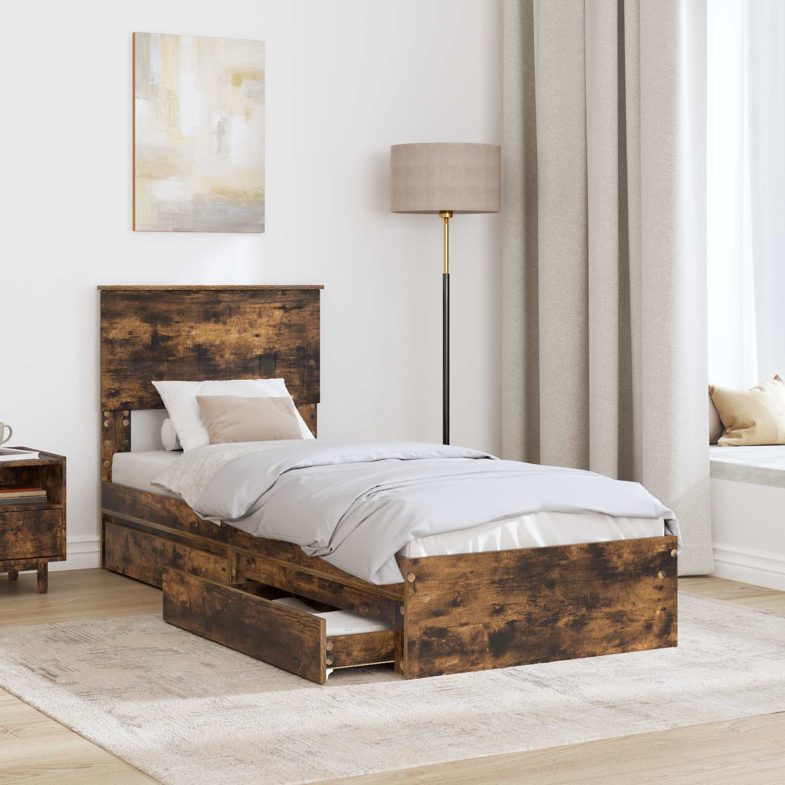 Lit de rangement chêne fumé 75 x 190 cm en panneau de bois - 3