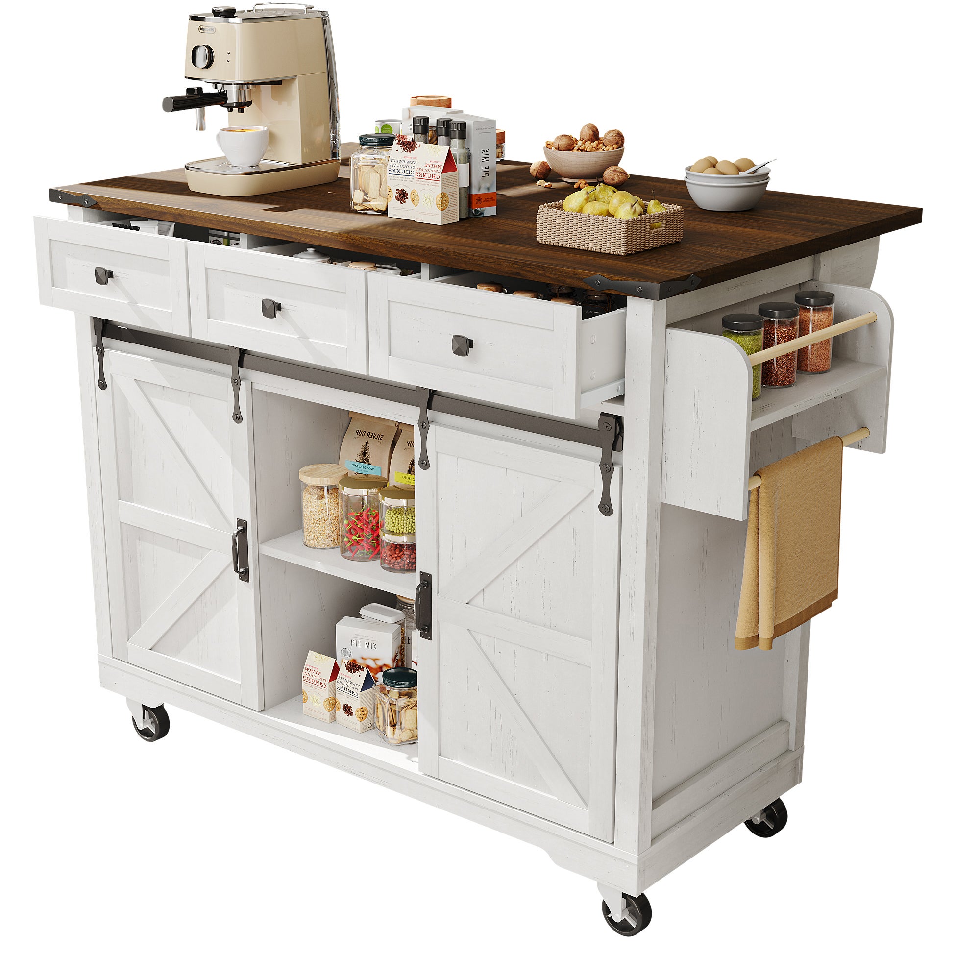 Ilot central de cuisine mobile avec 2 portes coulissantes et 3 tiroirs - plateau extensible - 140 x 45/73 x 92.5 cm - Bois MDF + métal - Blanc - 4