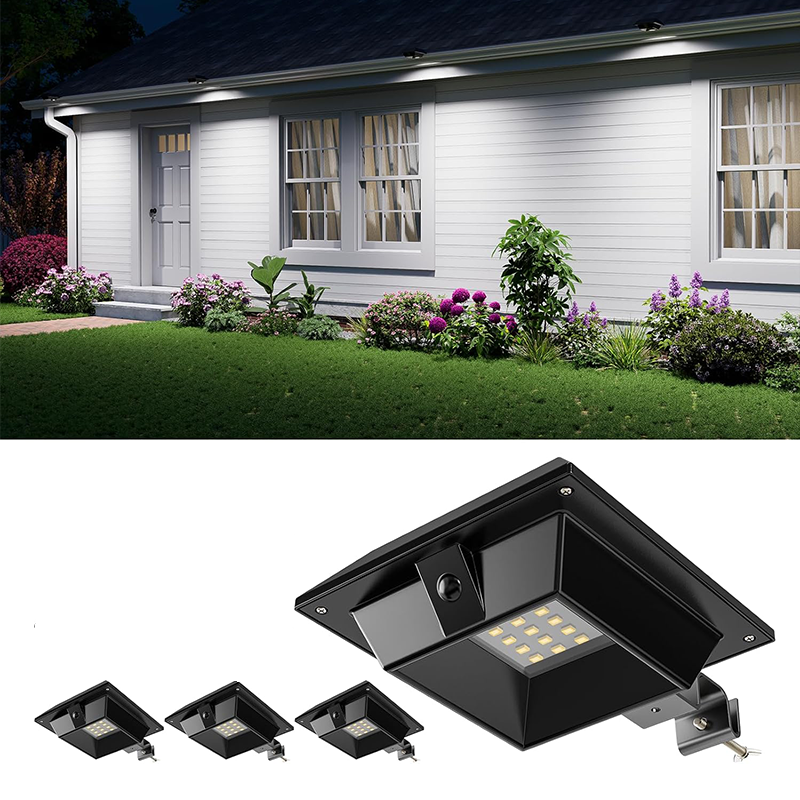 Osiem lamp solarnych do rynien, każda wyposażona w 12 żarówek LED, odpowiednich do oświetlenia okapów i dziedzińców (zimne białe światło).