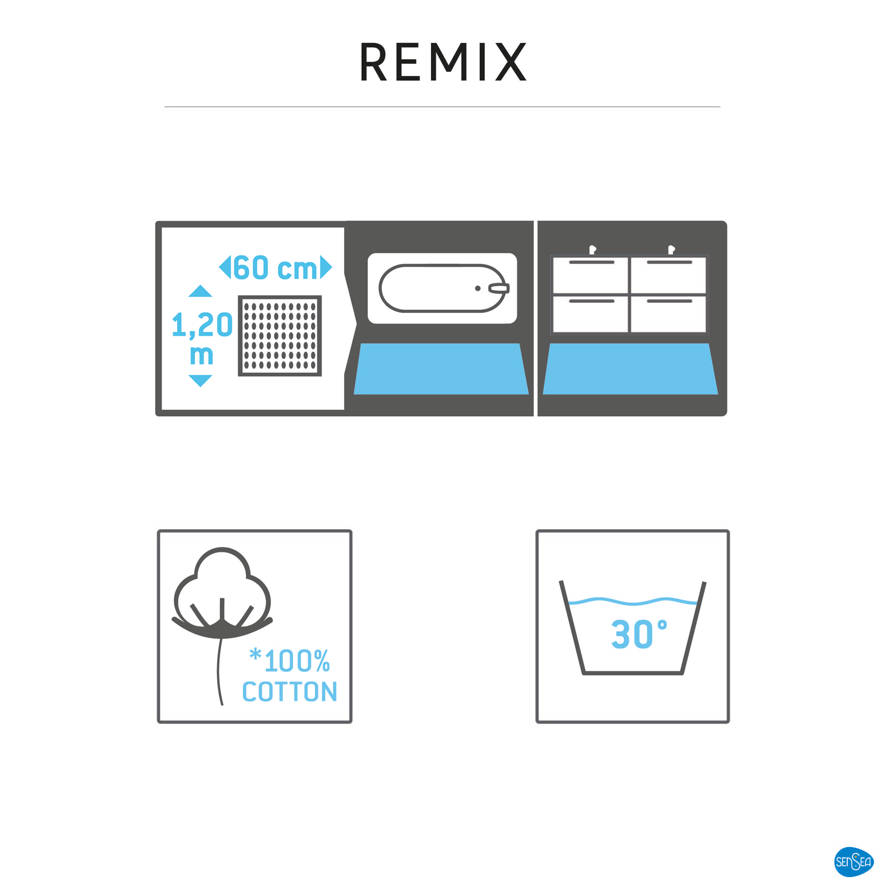 Tapis de bain rectangulaire en coton REMIX - Bleu - 120 x 60 cm - SENSEA - 6