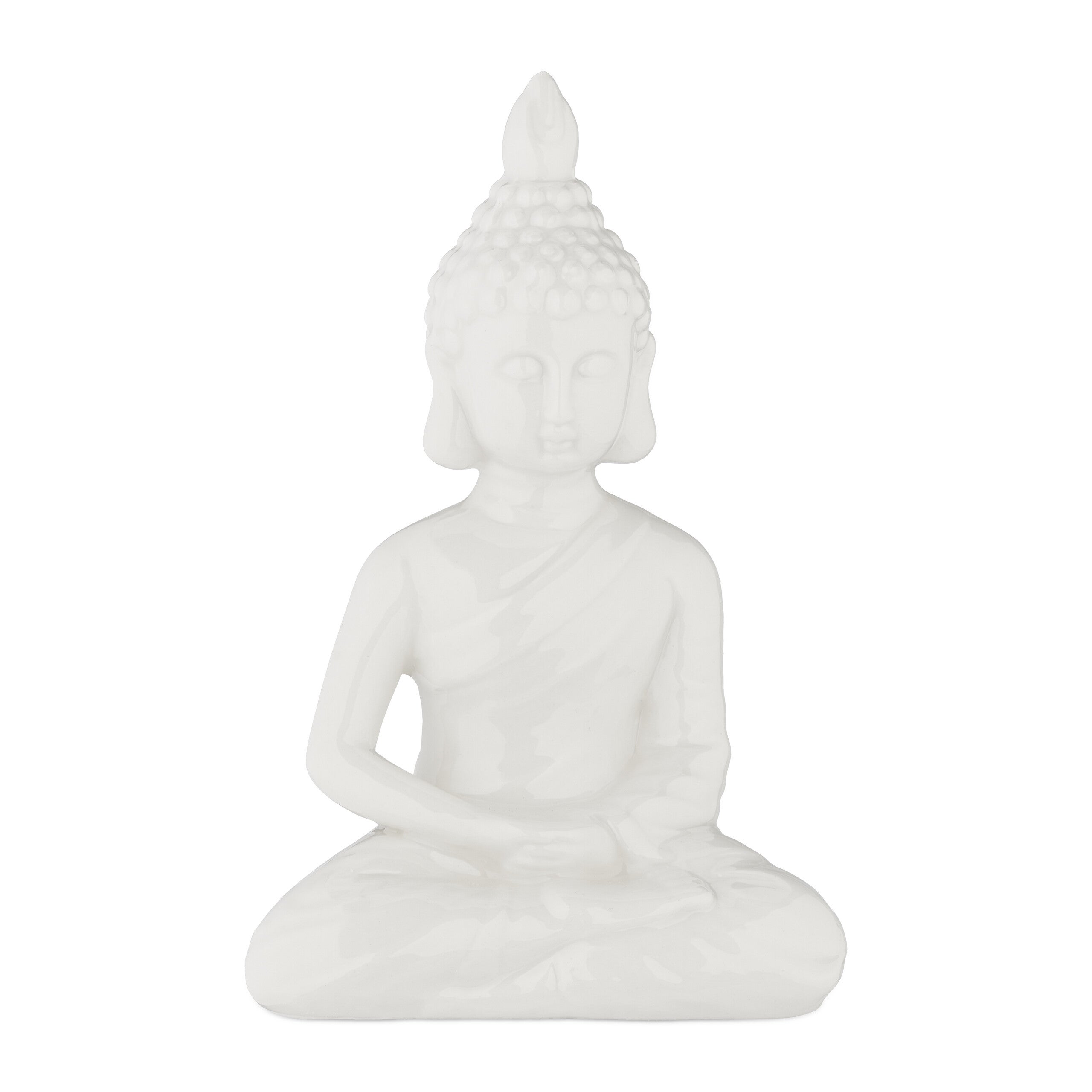 Relaxdays figura de buda sentado, 18 cm alto, decoración de jardín, resistente a la intemperie, escultura salón, blanco