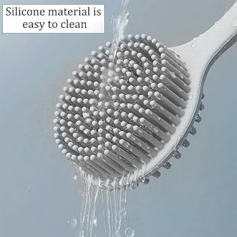 Silikonowa szczotka do mycia pleców miękka silikonowa szczotka do kąpieli z długim uchwytem szorowarka do pleców złuszcza usuwa martwy naskórek szara - 5