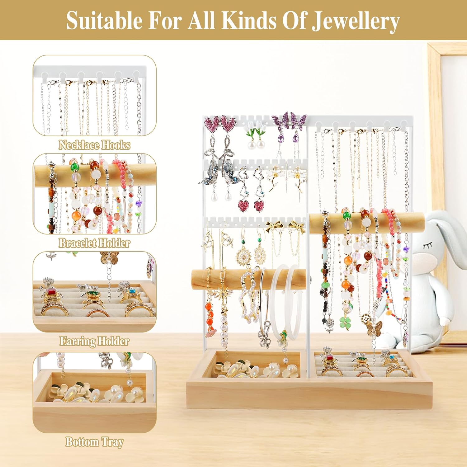 Présentoir à Bijoux, Présentoir à bijoux porte-chaîne avec Base en Bois, Porte Collier Boucles d’Oreille, Organisateur de Bijoux pour bagues - 2