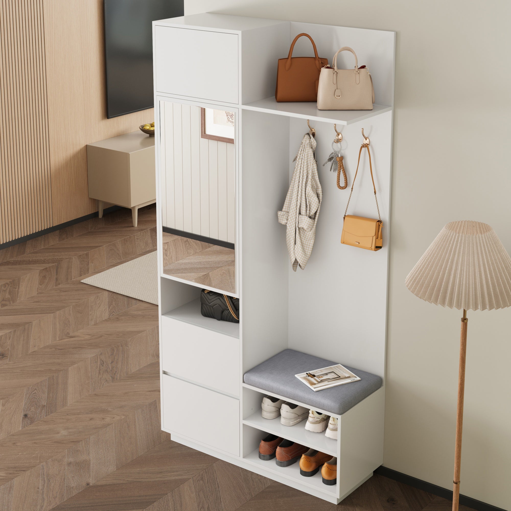 Szafka na buty z lustrem, ławką, wieszakami, 3 drzwiami i 1 szufladą - 90 x 34,5 x 190 cm - MDF - biała - 9