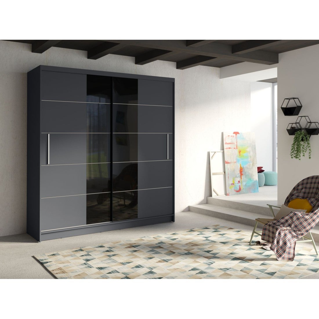 Armoire design 200cm coloris gris graphite et noir collection NARAGO - 2