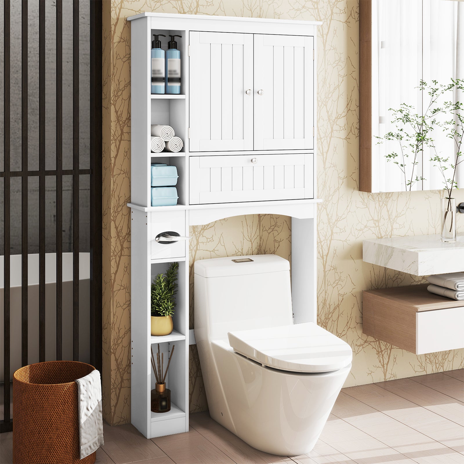 Mobiletto Spora WC 80 x 21 x 165 cm, Scaffale Lavatrice con 2 Ante, Ripiano Regolabile, Barra Inferiore e Porta Carta Igienica, Mobile Portabiancheria - 2