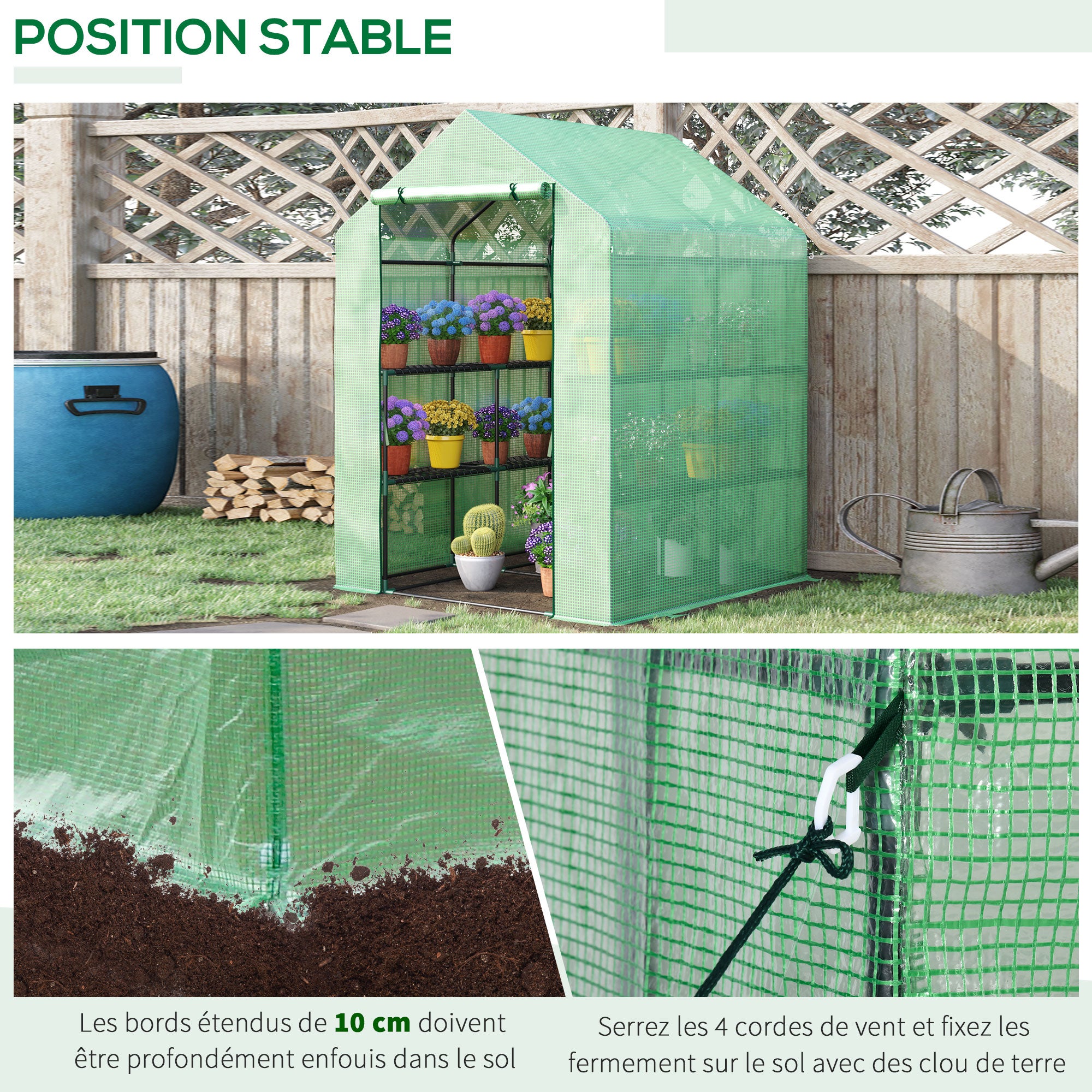 Serre de jardin à 3 étagères, petite serre de balcon en bâche PE renforcée 140 g/m², 143 x 138 x 190 cm, verte - 9