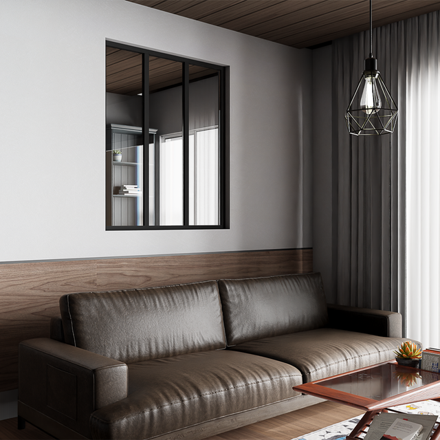 Verrière d'intérieur en aluminium haut de gamme, 3 vitrages, L 105 x H 123 cm, Noir RAL 9005 FT, Vitrage clair 4 mm trempé. Fabrication Française.