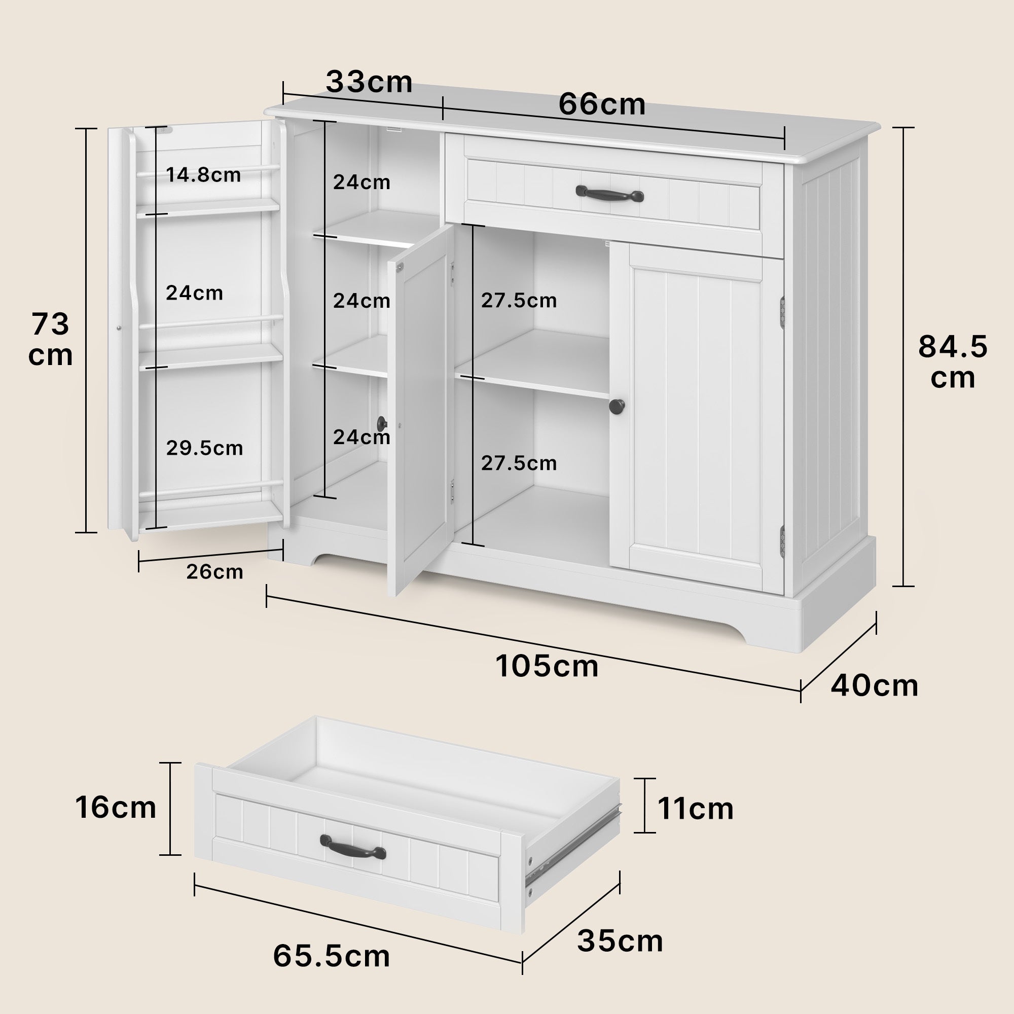 Bealife Buffet de Cozinha 3 Portas 1 Gaveta 105 x 40 x 84,5 cm Branco - 3