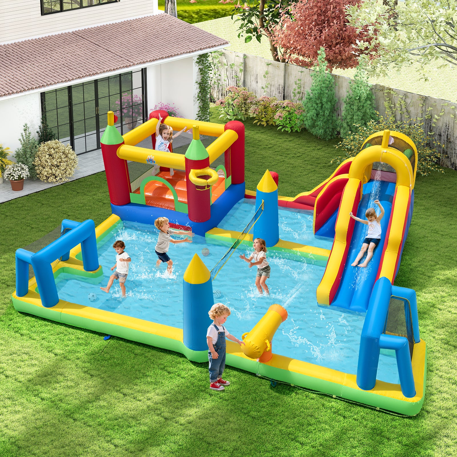 Structure Gonflable Toboggan Aquatique, avec Mur d'Escalade, Piscine avec Éclaboussures, Panier de Basket, Buts de Football, sans Souffleur - 9