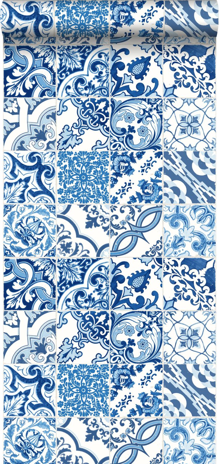 Papel pintado motivo de azulejos azul - 53 cm x 10.05 m - estahome