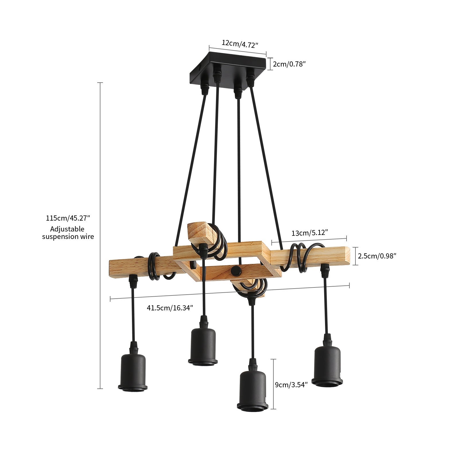 GOECO Suspension Luminaire Industrielle, Luminaire Plafonnier Vintage en Bois Noir, 4 culots E27, Lustre Industrielle pour salon Salle à manger - 5