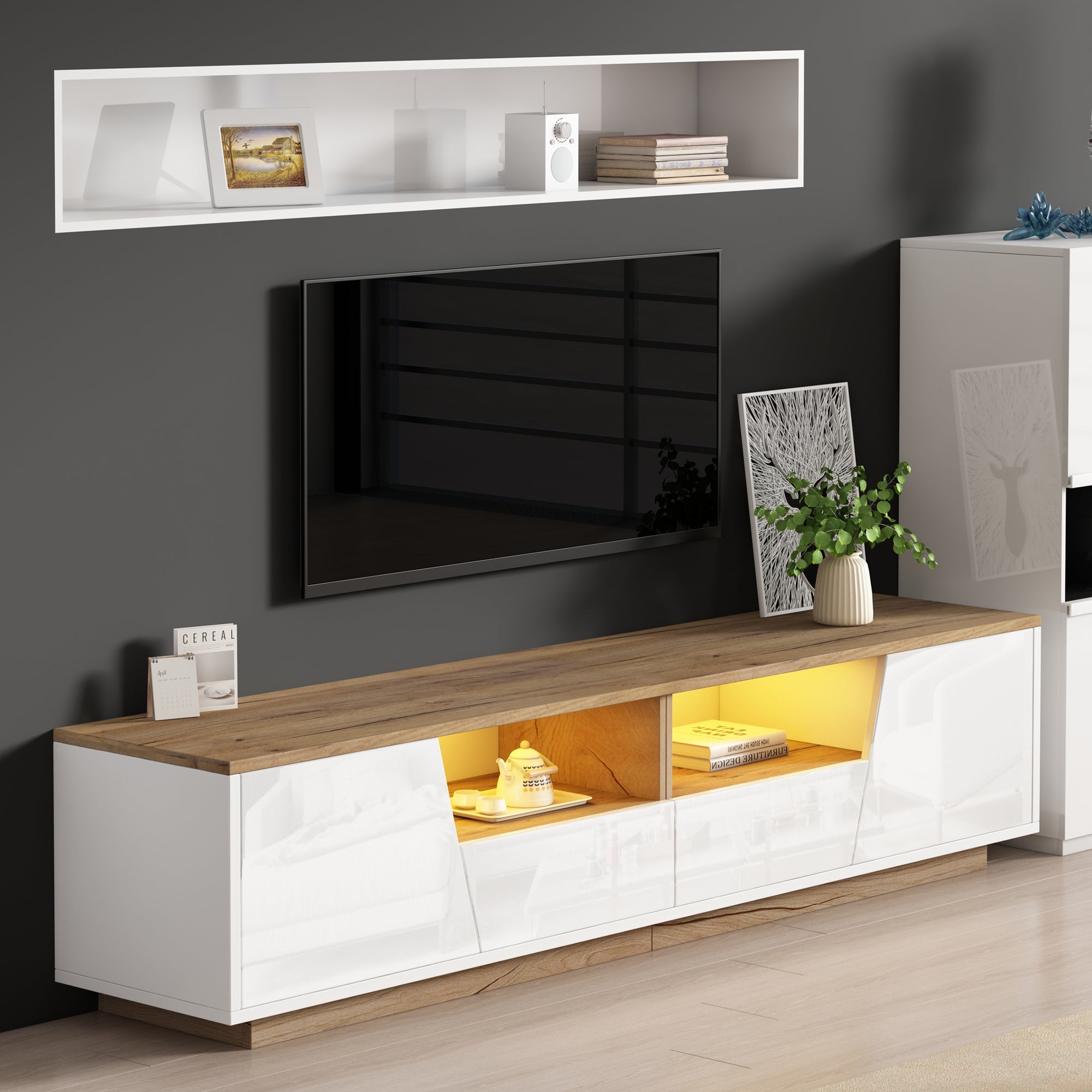 Meuble TV avec 2 portes et 2 tiroirs pour téléviseurs 75 pouces - 180 x 40 x 46 cm - Panneau de particules - Blanc + naturel - 6