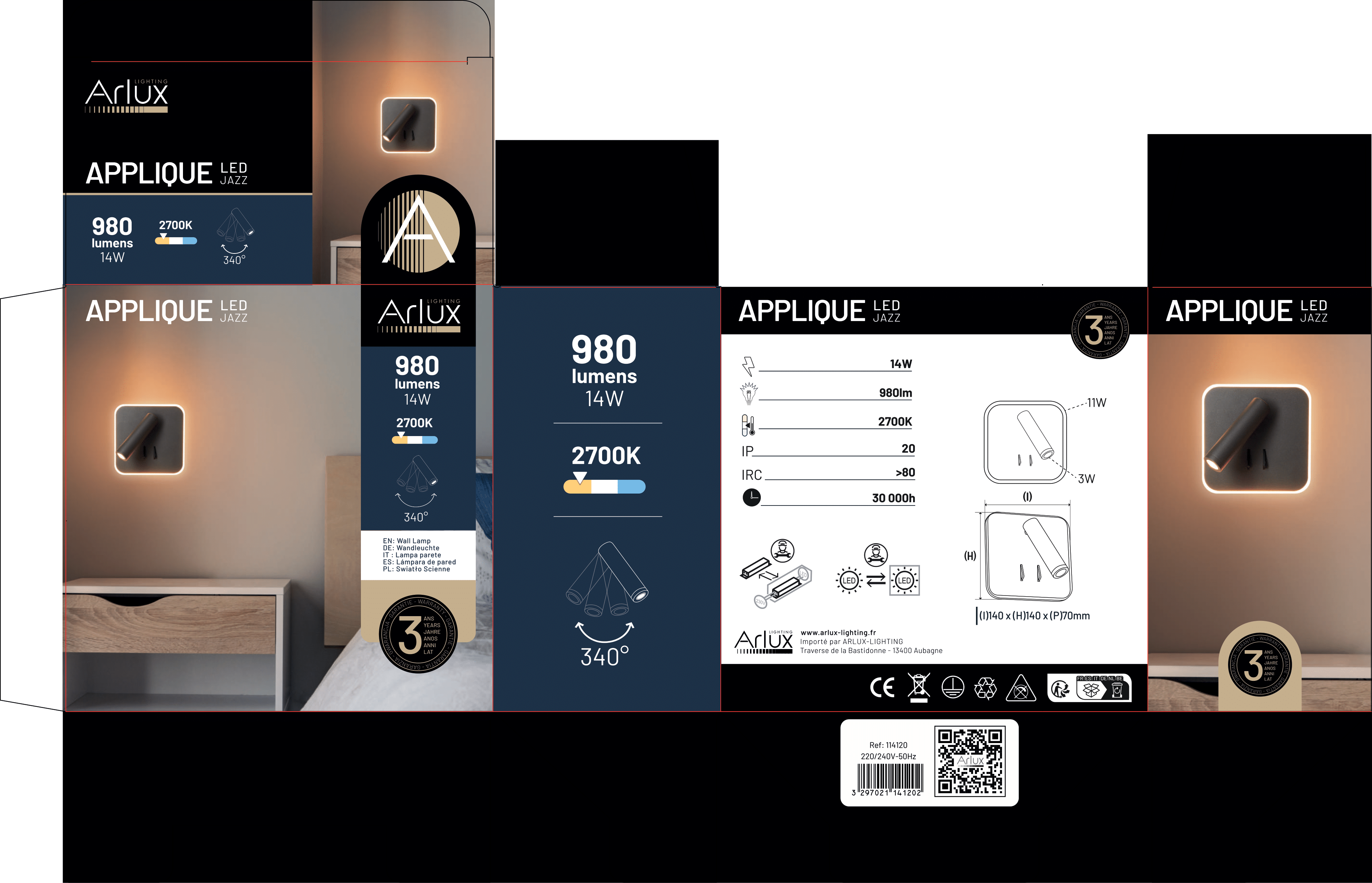 Applique-Liseuse Intérieur 11W+3W 770lm+210lm Blanc Chaud - 6