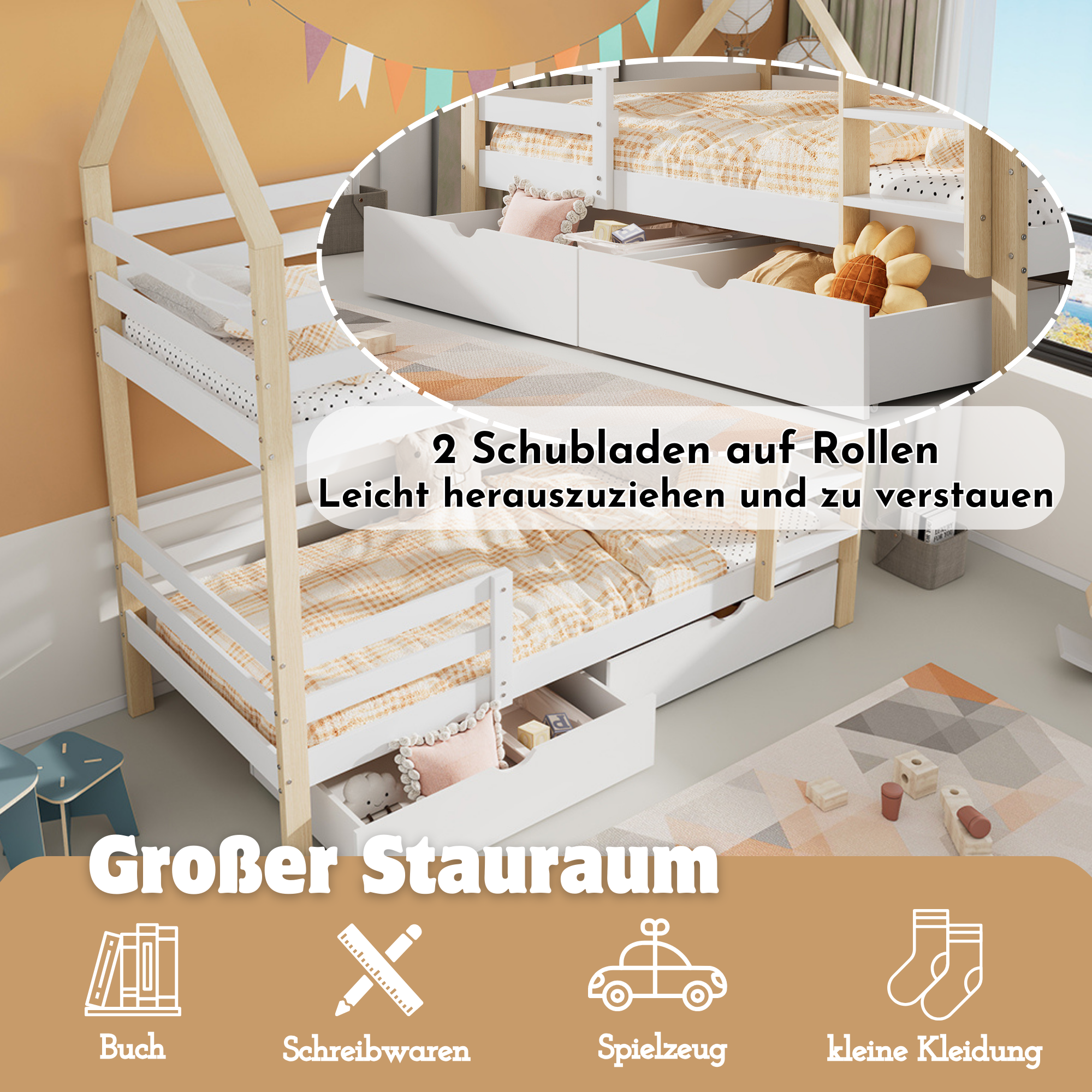 Łóżka piętrowe 2 x 90 x 200 cm z 2 szufladami i drabinką - Drewno lite - Kolor naturalny + biały (materace nie są wliczone w cenę) - 4