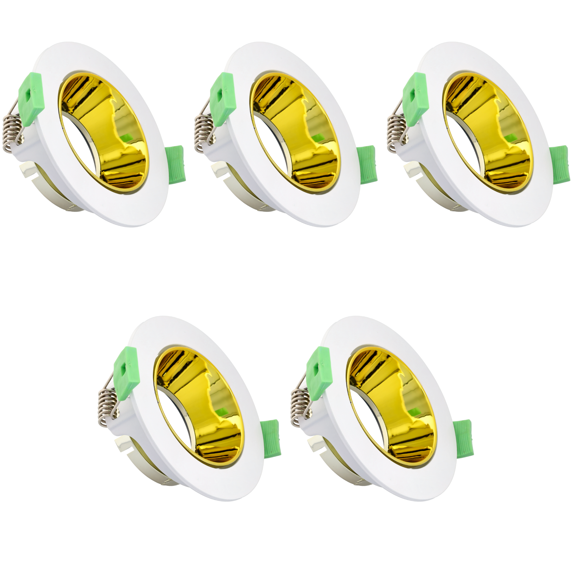 Zestaw 5 sztuk Reflektorów z okrągłą ramką, regulowanych, do montażu w suficie, dla GU10 / MR16, ozdobna ramka w kolorze białym i złotym