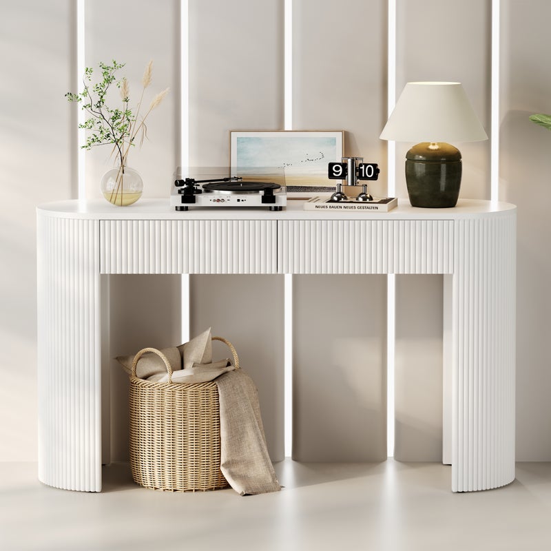 Owalny stolik konsolowy z 2 szufladami - 120 x 33 x 76 cm - Zaokrąglony przód i regulowane nóżki - Płyta MDF - do przedpokoju, wejścia - Biały