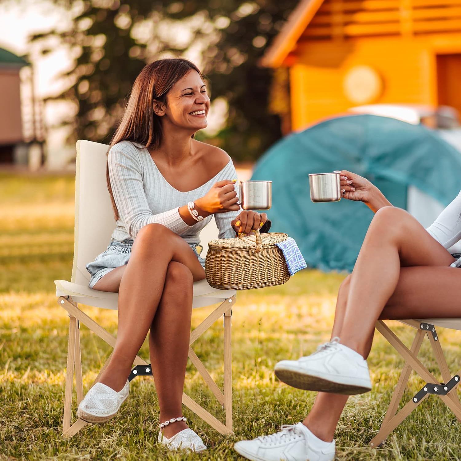 Leżak 2-Częściowy Zestaw, Składane Krzesło Z Bambusa Z Kieszenią Boczną, Obciążenie Do 150 Kg, Kempingowe Z Torbą Do Przenoszenia, Plażowe - 7