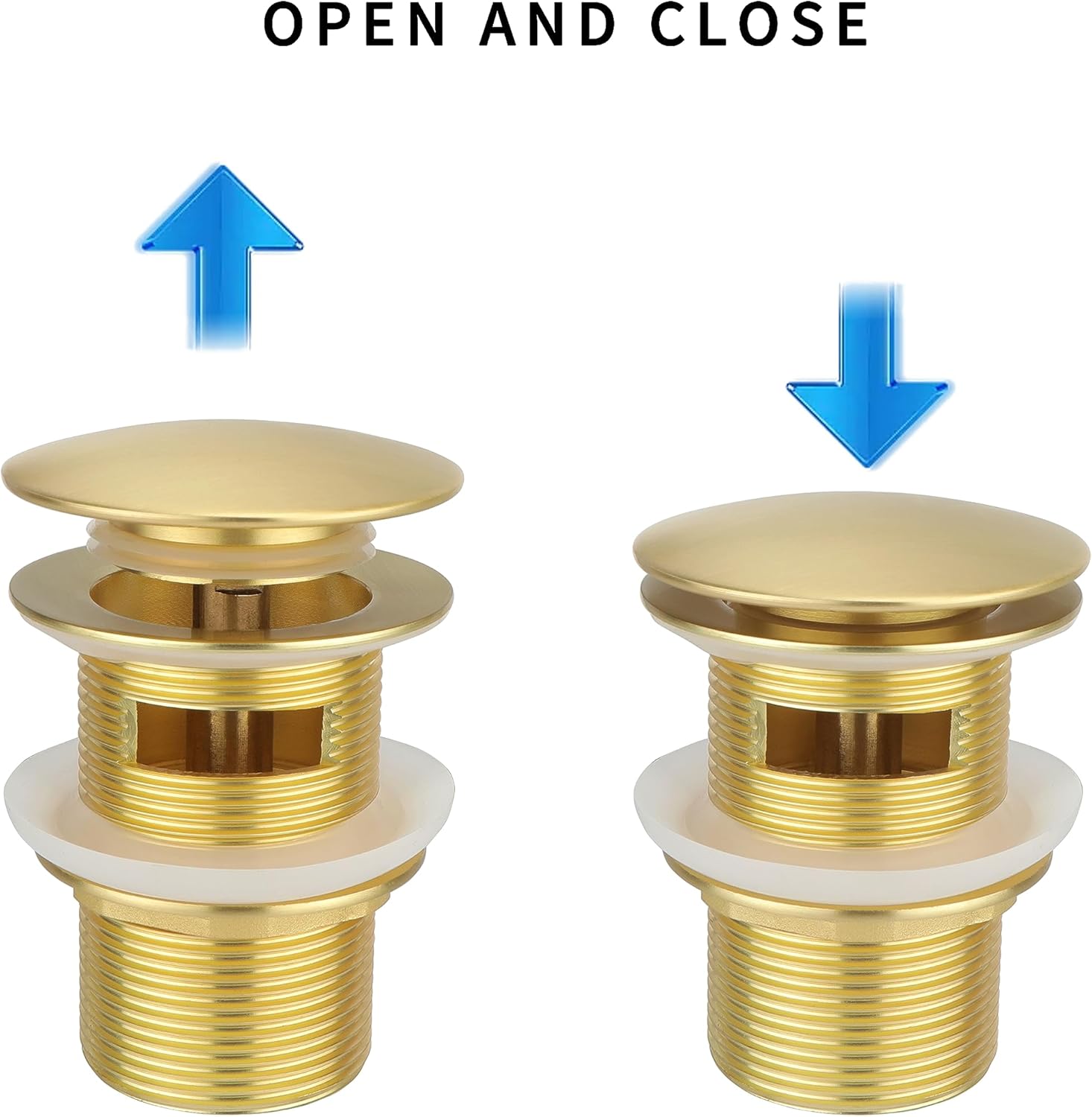 Bonde universelle pour lavabo et lavabo - Valve pop-up moderne Click Clack - Bonde d'écoulement avec trop-plein, laiton, acier inoxydable, doré - 9