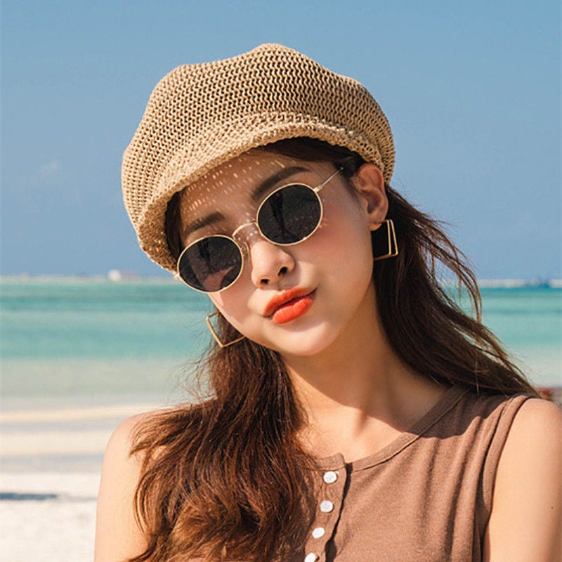 Chapeau de Paille pour Femme, Chapeau de Paille d'été pour Femme Gavroche d'été en Paille tricoté Chapeau de de Plage avec Corde réglable pour - 4