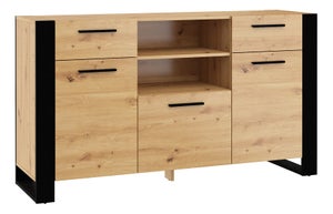 Commode Somelu 102, Chêne Artisan, Noir, Avec tiroirs et portes, Nombre