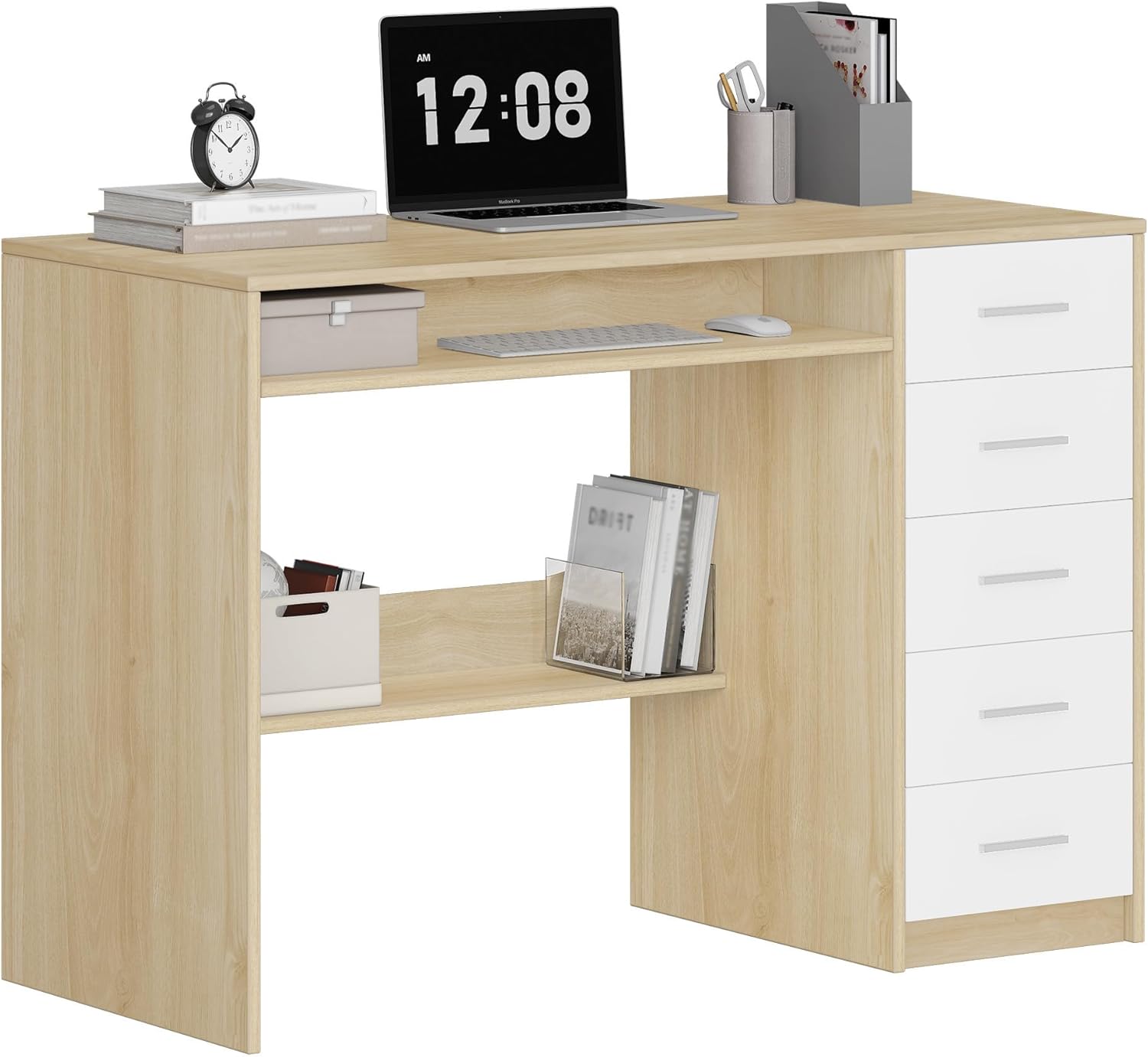 Bureau, Bureau avec 5 Rangement, Table Informatique au Design Minimaliste, Table d'ordinateur de Style Moderne,pour Études, Chêne Sonoma + Blanc - 2