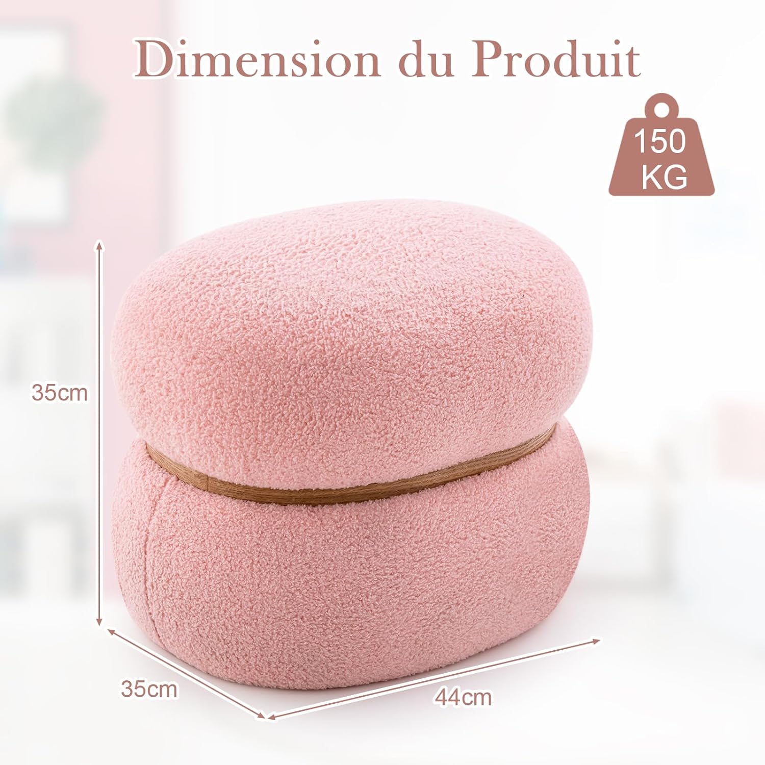 Tabouret de Coiffeuse en Fausse Fourrure, Pouf, Repose-Pieds Rembourré, Base Stable et Patins Antidérapants, Max.300kg, 44x35x35cm, Rose - 4