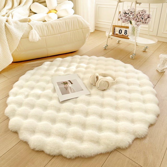 Tapis en peluche douce, 90 cm, tapis rond, tapis à poils longs, tapis de protection antidérapant, blanc.