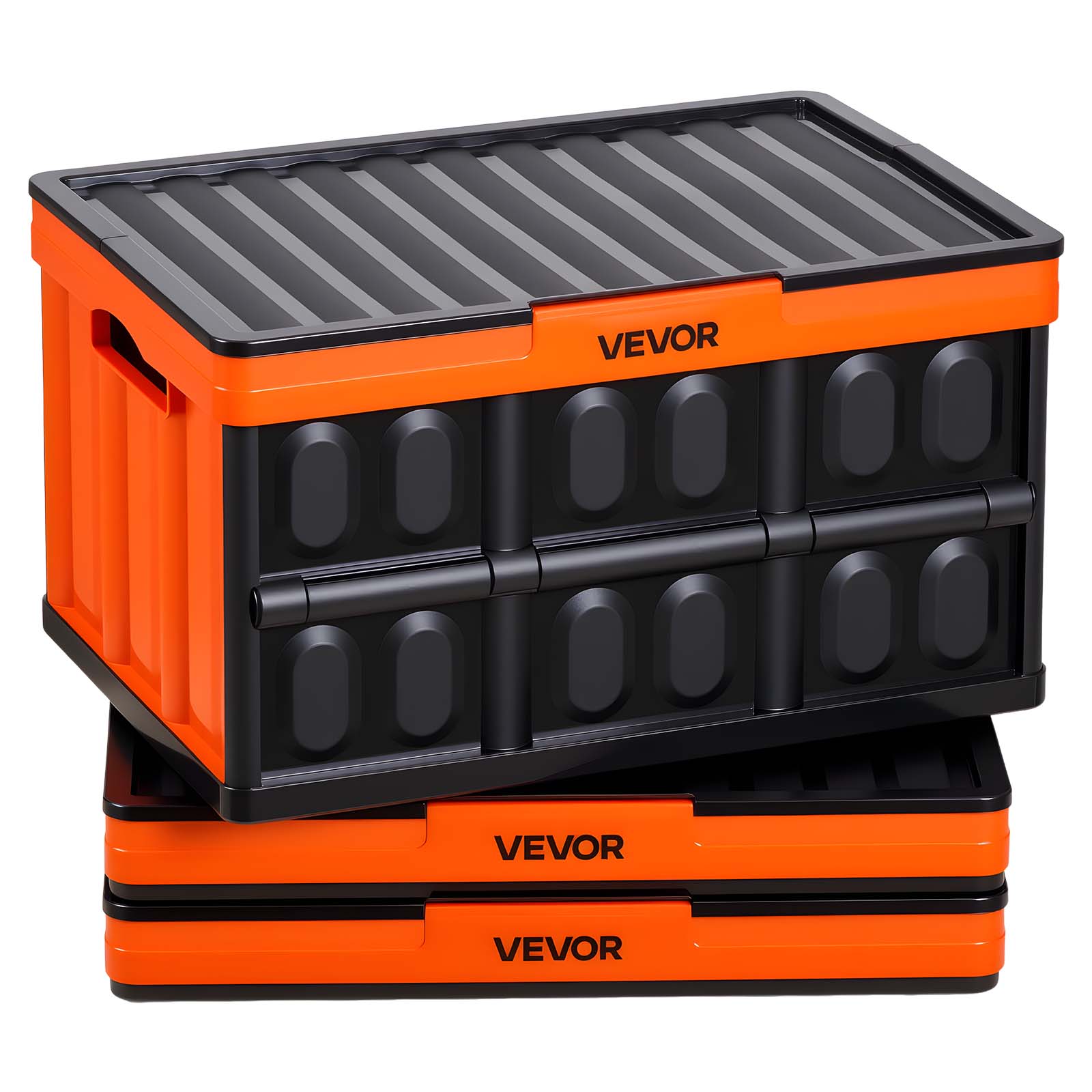 Ladă pliabilă VEVOR din plastic cu capac, 45 L, set de 3, cutie de depozitare pliabilă și stivuibilă cu mânere, sarcină maximă 20 kg per ladă 3buc