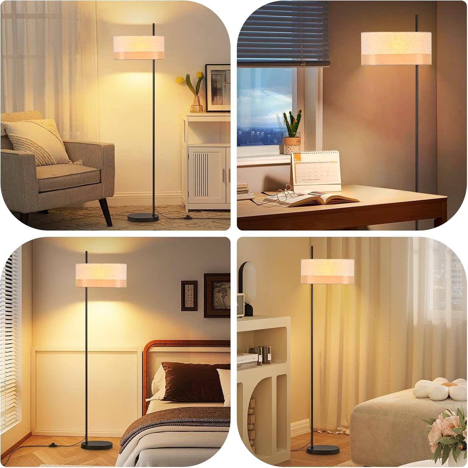 Nettlife Lampa Podłogowa Vintage Biała Tkanina E27, Włącznik Nożny, Rustykalna do Salonu i Sypialni (Brak żarówki) - 9