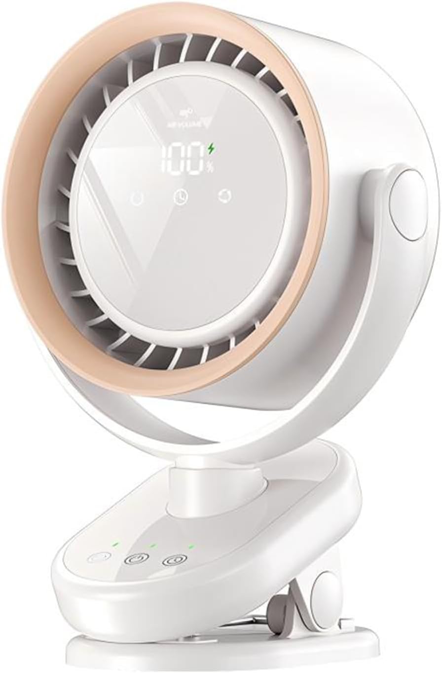 Akumulatorowy, przenośny wentylator z klipsem, wyświetlacz LED, mocny przepływ powietrza, do biurka, na zewnątrz, w podróży, na kemping, biały