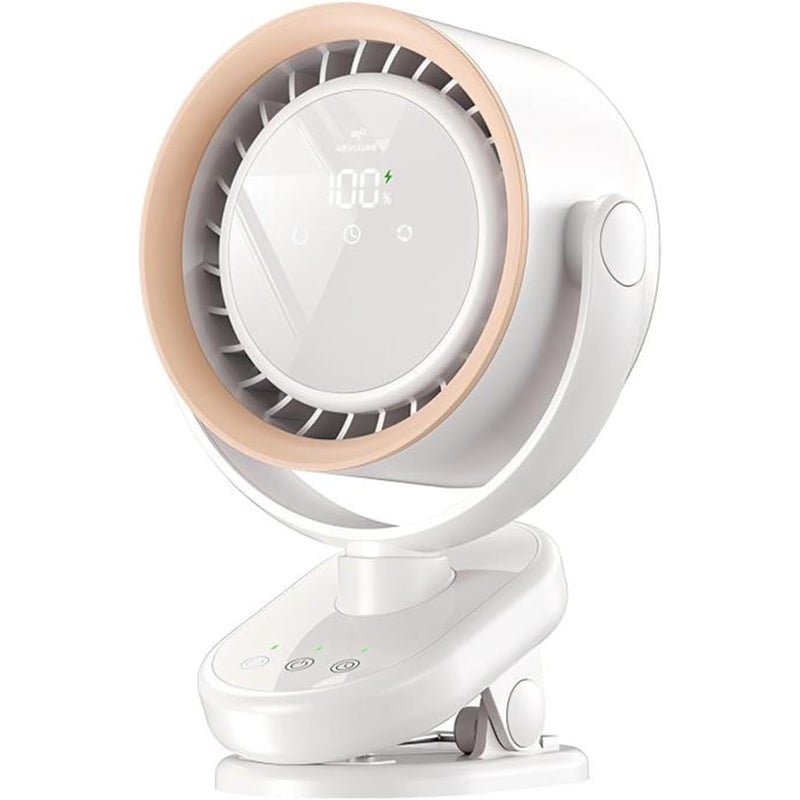 Akumulatorowy, przenośny wentylator z klipsem, wyświetlacz LED, mocny przepływ powietrza, do biurka, na zewnątrz, w podróży, na kemping, biały